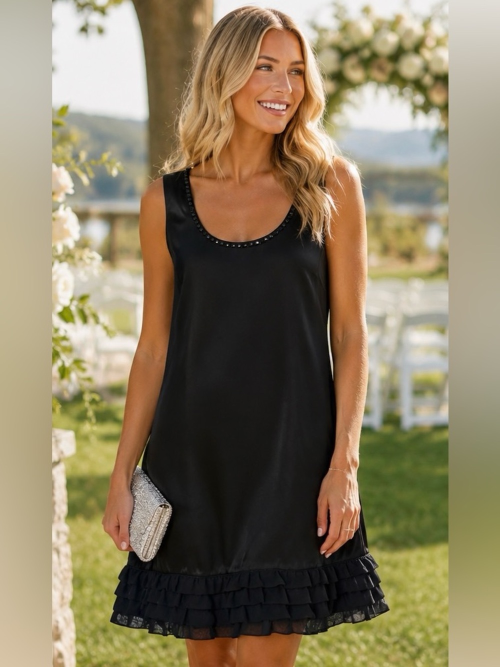 Express Black Silk Shift Dress Beaded Neck Ruffle Hem Sleeveless Size M